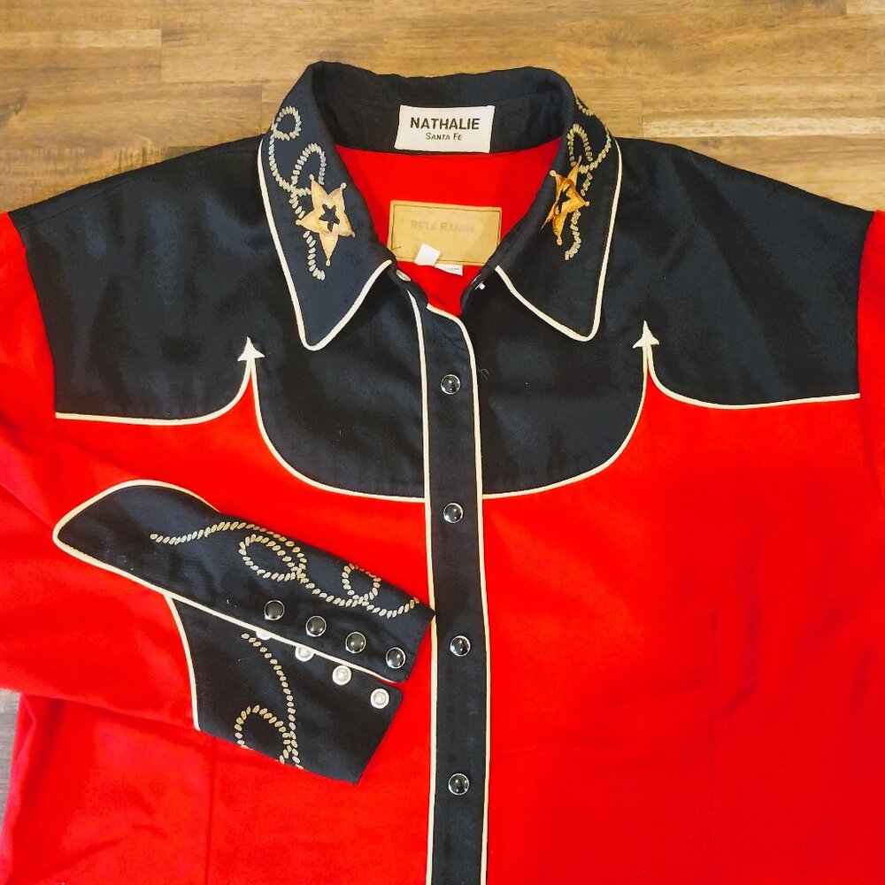 Rifle Range Western Shirt Womens Large Red Black Embroidered Pearl Snap Handmade